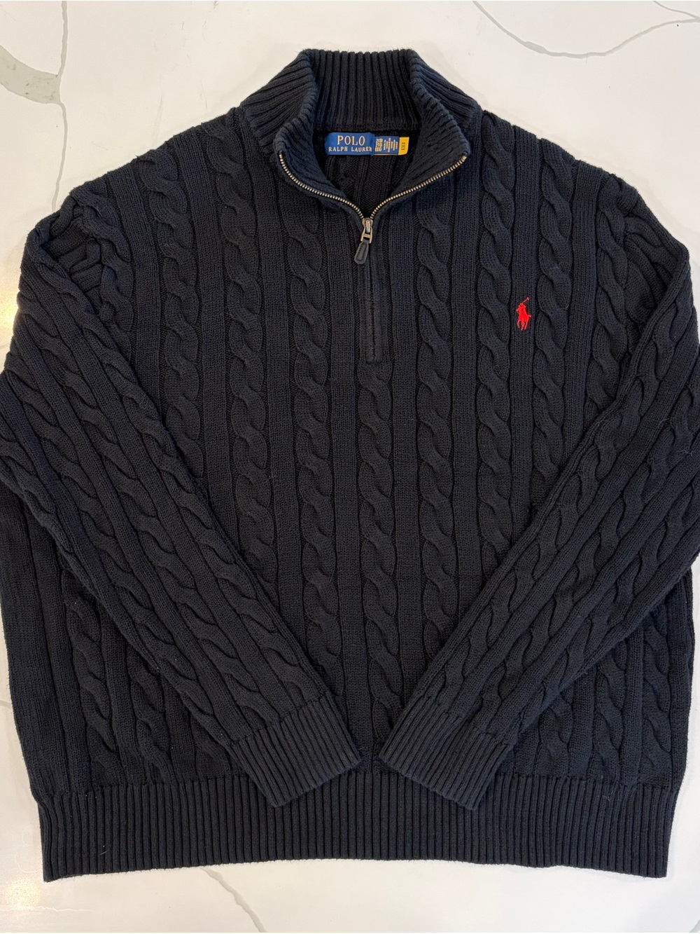 Polo by Ralph Lauren Men’s Cable-Knit Black Half-Zip Sweater with Red Pony XXL